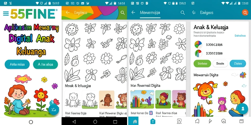 Tampilan antarmuka aplikasi mewarnai digital 55FIVE yang ceria dan ramah anak.