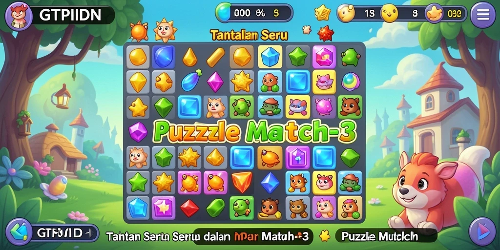 Screenshot utama menampilkan antarmuka permainan GTPIDN dengan elemen Puzzle Match-3.