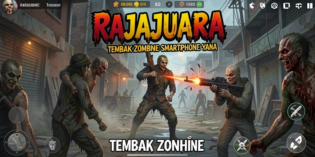 Antarmuka permainan RAJAJUARA dengan aksi menembak zombie yang intens.