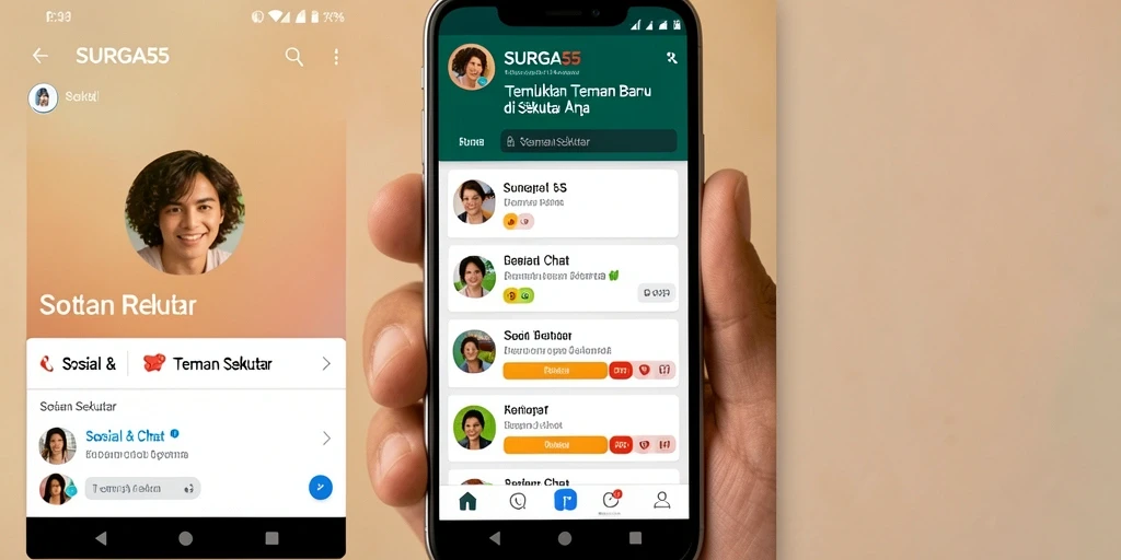 Screenshot utama SURGA55 menampilkan antarmuka pengguna aplikasi Teman Sekitar.